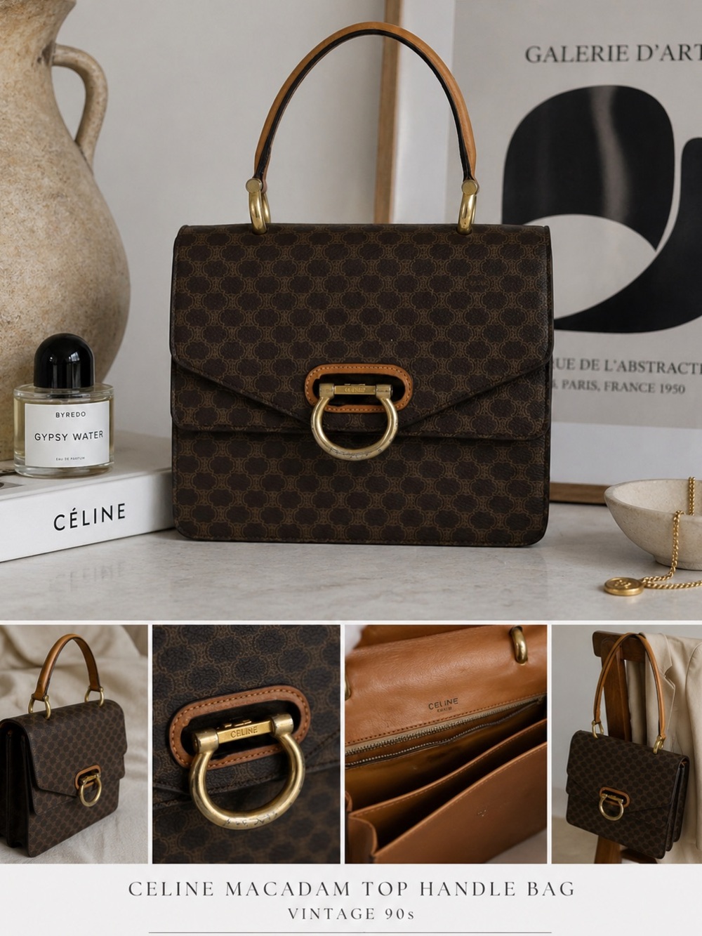 Celine Brown Monogram Satchel with Tan Trim and Gold Hardware - Picture 2 of 4